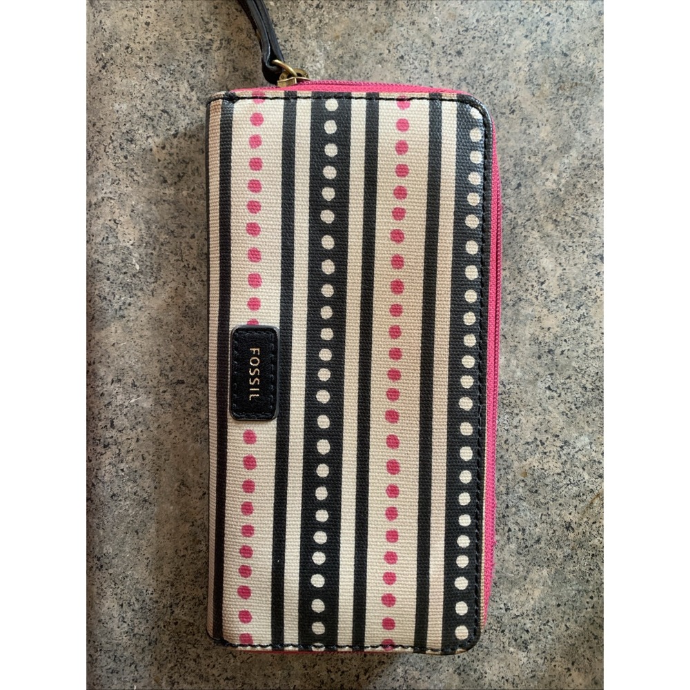 Fossil Eliza Clutch Pink Dots Zipper Accordion Wallet Black‎ Interior